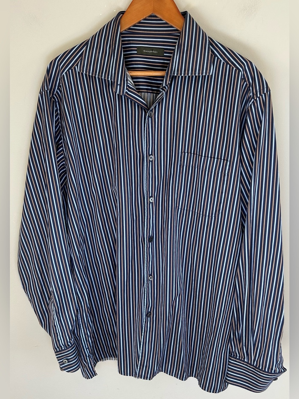 Ermenegildo Zegna Striped Button Up Shirt Mens XXL Blue Brown Cotton Turkey